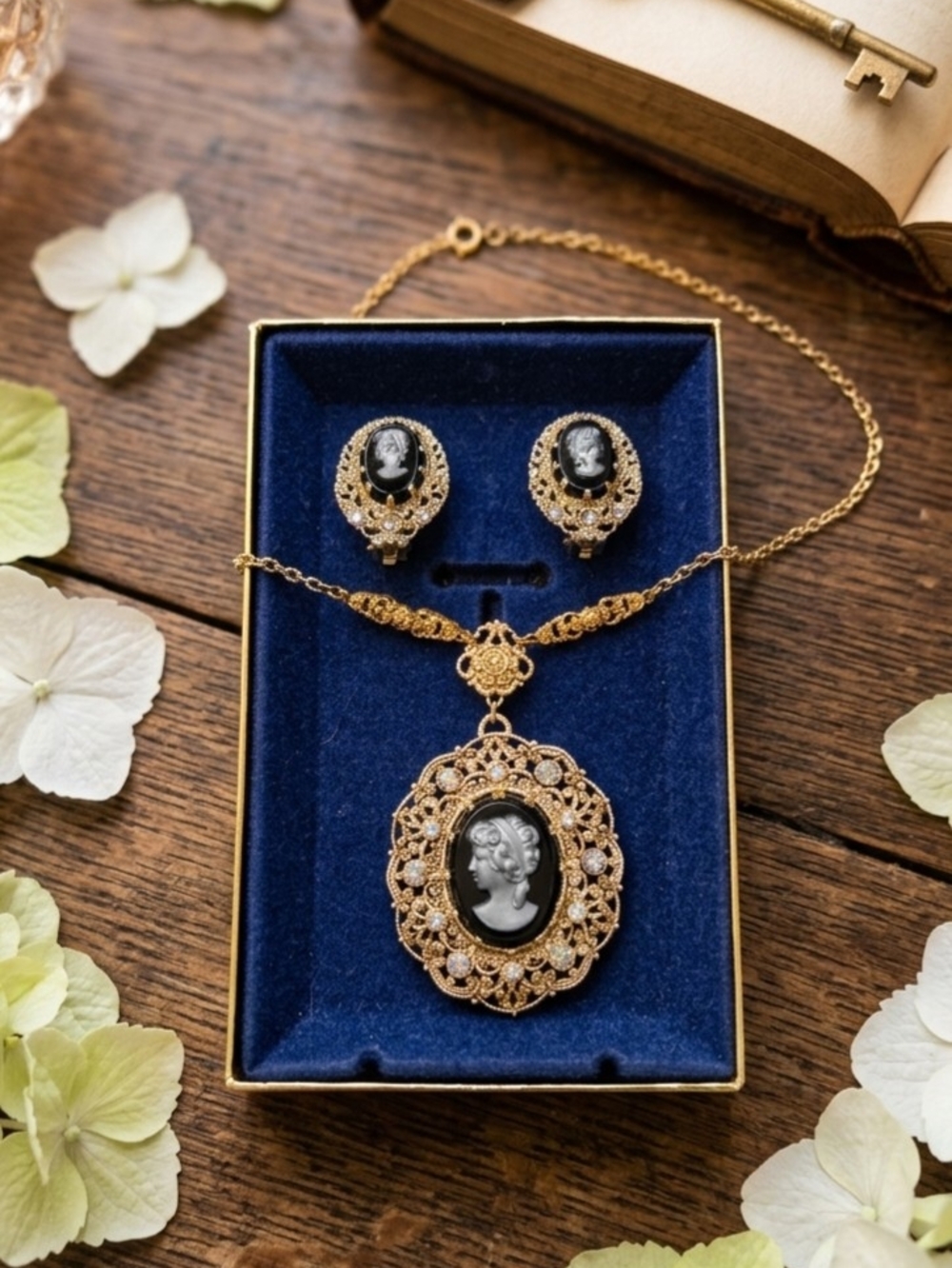 Vintage-Inspired Gold Cameo Necklace and Clip On Earrings Set - Black Cameo
